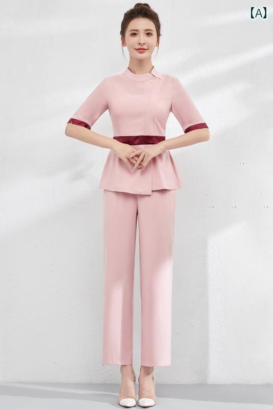 エステ ユニフォーム 五分袖 夏 制服 サロン ホテル 技術者 作業服 レディース 白 ピンク 無地 ウエストマーク 速乾 ストレッチ パンツ 上下セット 大きめサイズ おしゃれ