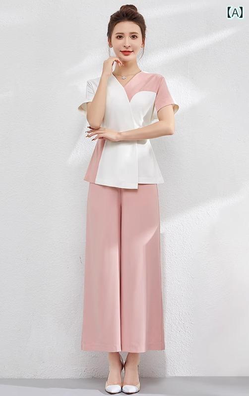 エステ ユニフォーム 半袖 夏 制服 サロン 技術者 作業服 レディース 緑 ピンク グレー 無地 Vネック 速乾 ストレッチ 通気性 ガウチョ ワイド パンツ 上下セット 大きめサイズ おしゃれ