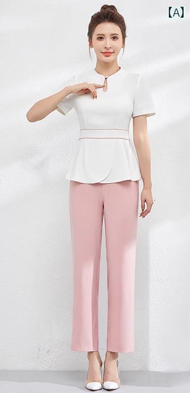エステ ユニフォーム 半袖 春夏 制服 サロン 技術者 作業服 レディース 白 青 無地 ウエストマーク 速乾 ストレッチ パンツ 上下セット 大きめサイズ おしゃれ