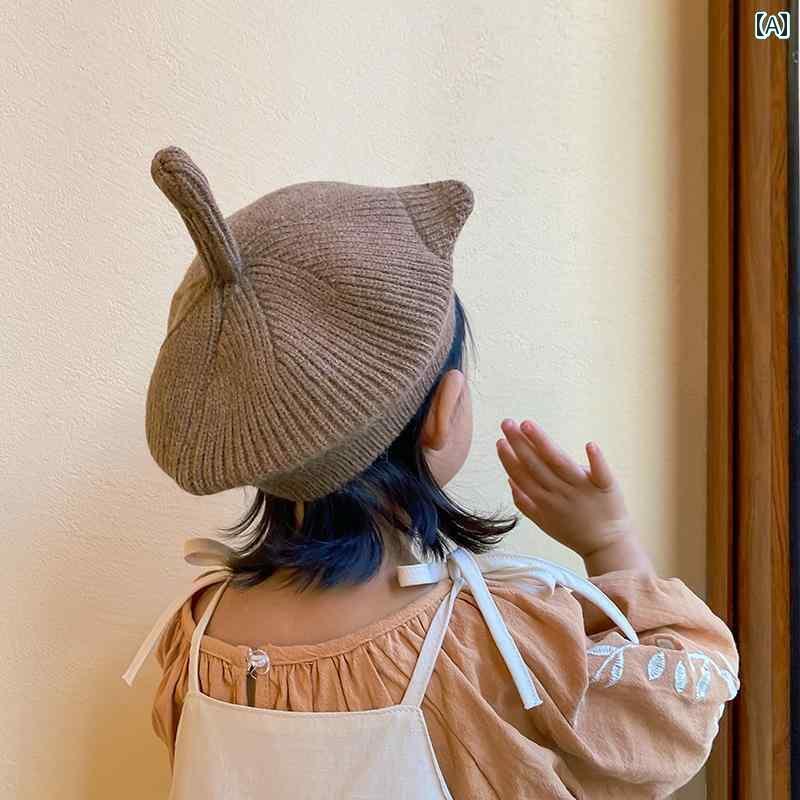 子供 ベレー帽 ベビー 秋冬 キャット しっぽ 韓国 女の子 かわいい ニット 画家 つばし ドーム カーキ 黒 ベージュ