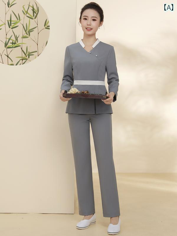 エステ ユニフォーム 9分袖 秋冬 制服 サロン 技術者 作業服 レディース 緑 グレー Vネック ウエストマーク 速乾 ストレッチ パンツ 上下セット 大きめサイズ おしゃれ