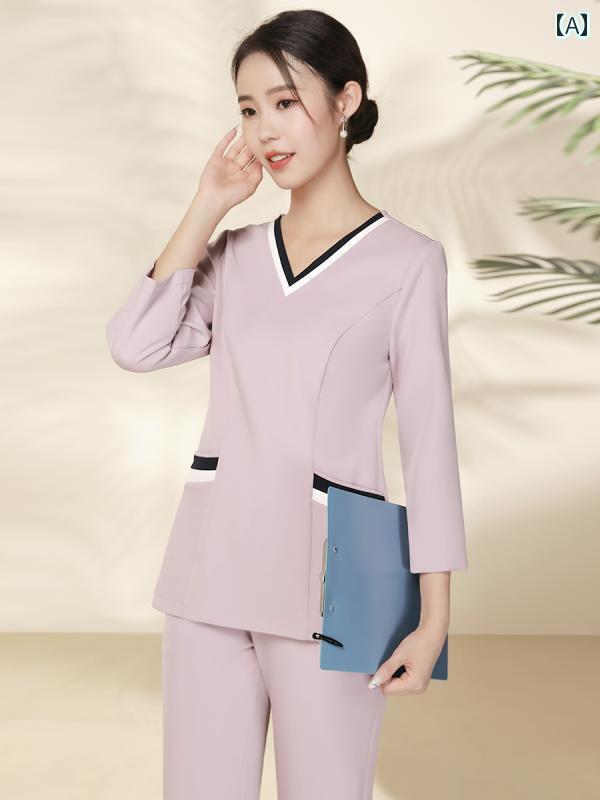 エステ ユニフォーム 8分袖 秋冬 制服 サロン 技術者 作業服 レディース ピンク Vネック ポケット 綿 パンツ 上下セット 大きめサイズ おしゃれ｜おうち健康生活