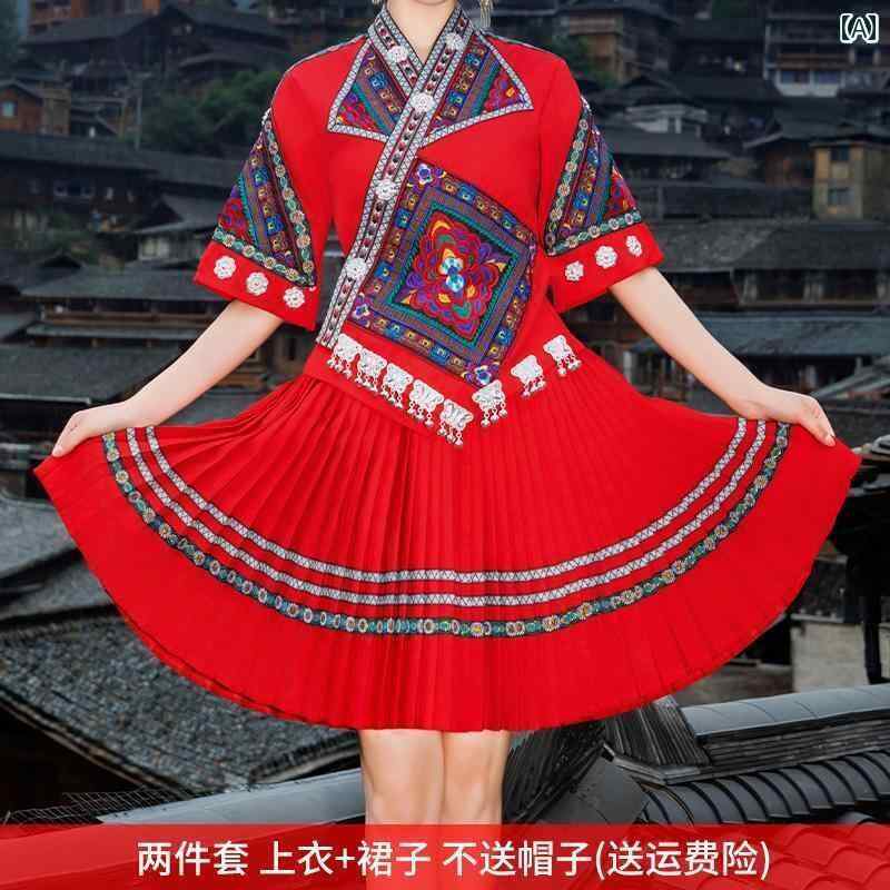 中国 民族衣装 春秋 ミャオ族 大人 レディース 大きめサイズ 半袖 七分袖 トップス スカート ロング ミニ エスニック ステージコスチューム ダンス パフォーマンス 刺繍 おしゃれ レトロ 花 タッセル 黒 赤 ピンク