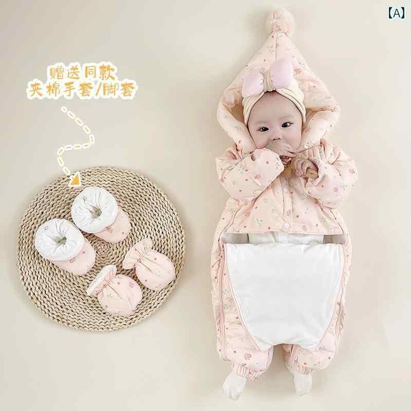 新生児 カバーオール 防寒 あかちゃん ダウン 冬 アウター 厚手 暖かい 外出 ボディスーツ ピンク 花柄 手袋 フット セット フード ポリエステル 長袖｜おうち健康生活