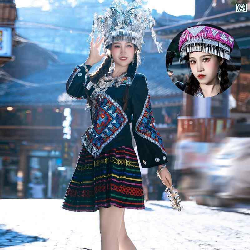 中国 民族衣装 春秋 ミャオ族 大人 レディース 大きめサイズ 長袖 トップス プリーツスカート ミニ ロング エスニック ステージコスチューム ダンス パフォーマンス 刺繍 おしゃれ レトロ
