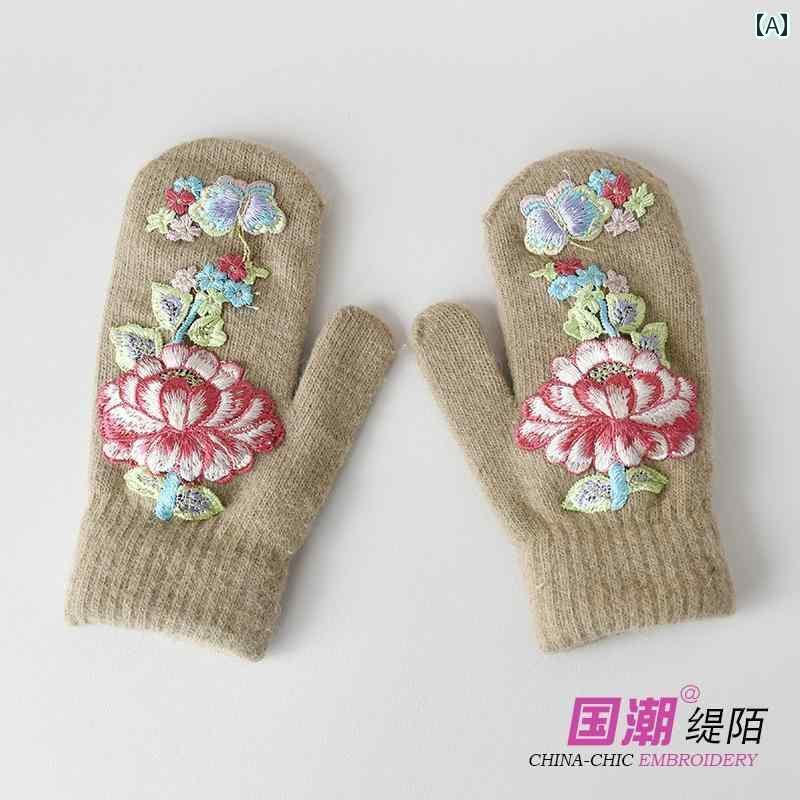 エスニック 手袋 グローブ ミトン レディース 冬 ウール ニット 刺繍 花 ハンドウォーマー 厚手 暖かい 防寒 防風 おしゃれ カジュアル レトロ アジアン 屋外 サイクリング 自転車 小物 カーキ ブラック ピンク