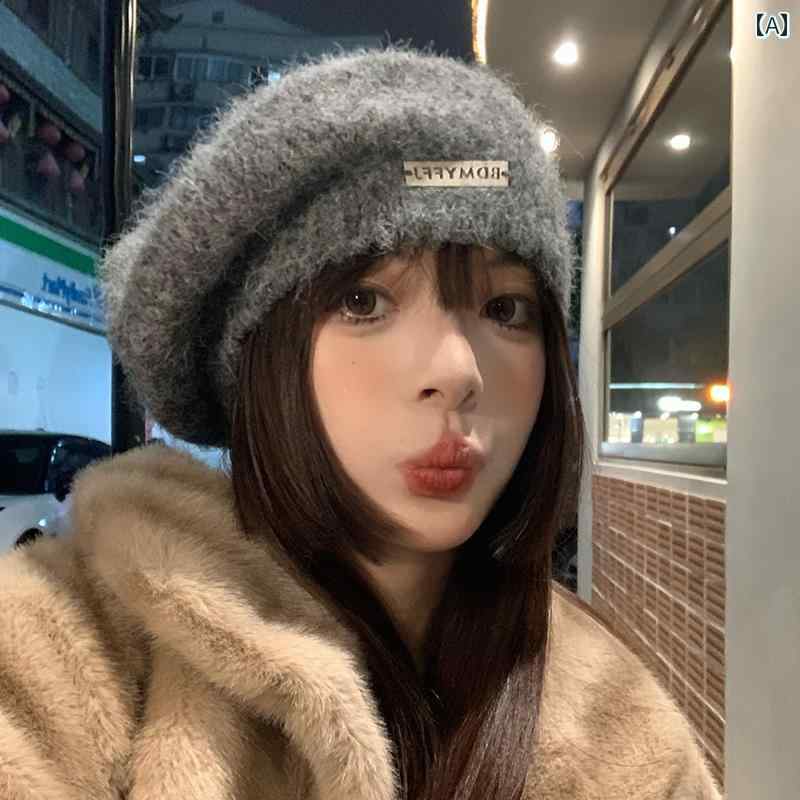 ベレー帽 ニット帽 レディース 帽子 ウール グレー ブラック ブラウン モヘア 韓国