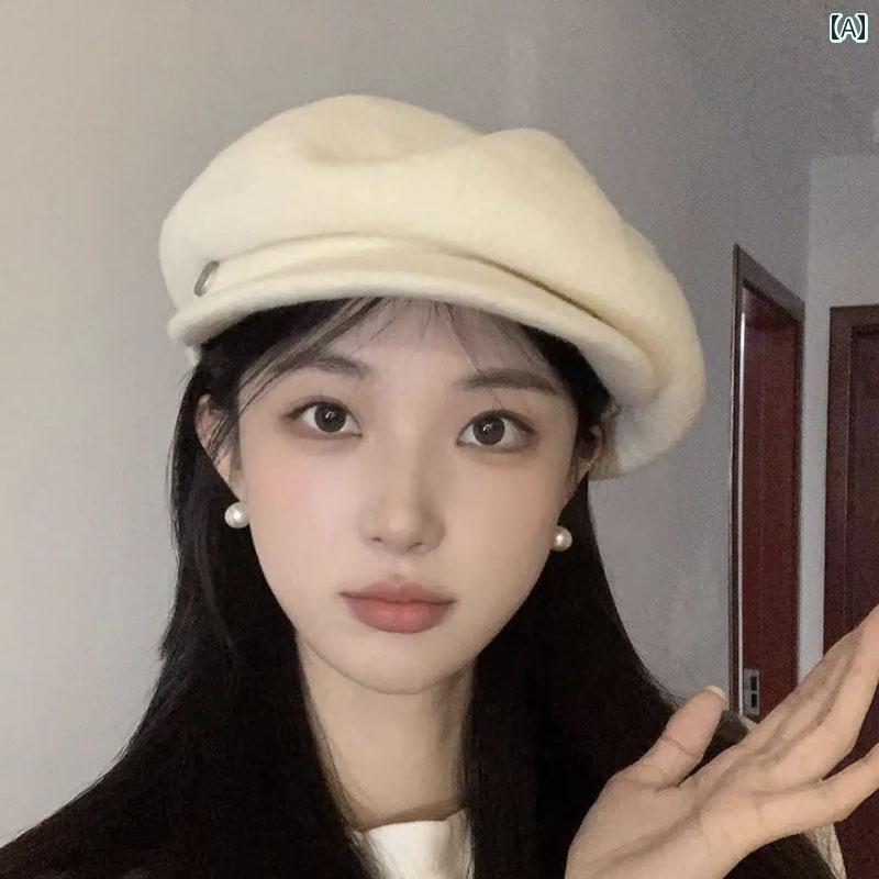 ベレー帽 レディース 韓国 ウール 秋冬 カジュアル レトロ 画家帽子 おしゃれ ハット かわいい 白 黒グレー シンプル 普段使い つば