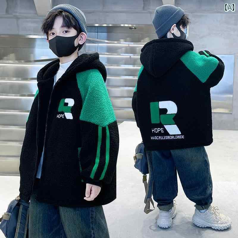 ボア ジャケット キッズ 男の子 秋冬 厚手 暖かい もこもこ 防寒 長袖 フード ジップアップ ポケット ゆったり おしゃれ カジュアル 黒 グレー プレゼント