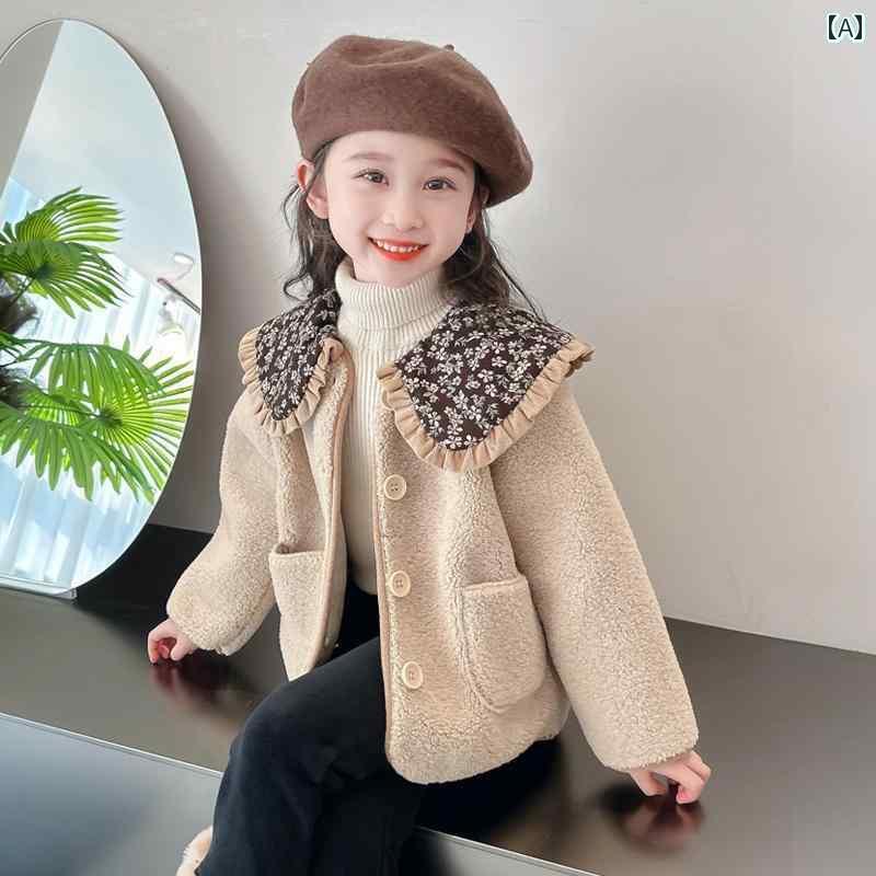 ボアコート 女の子 春秋冬 女の子 子供 おしゃれ スタイリッシュ 防寒 厚手 暖かい あったか もこもこ 襟 ボタン ポケット 花 韓国 公園 学校 カーキ