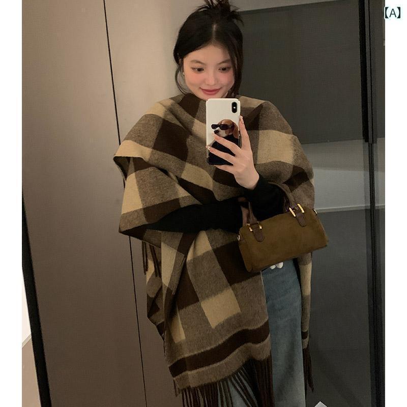 マフラー レディース ストール 厚手 ショール 暖かい 秋冬 防寒 ボリューム プレゼント 大判 チェック ブランケット 韓国 ファッション フリンジ カーキ