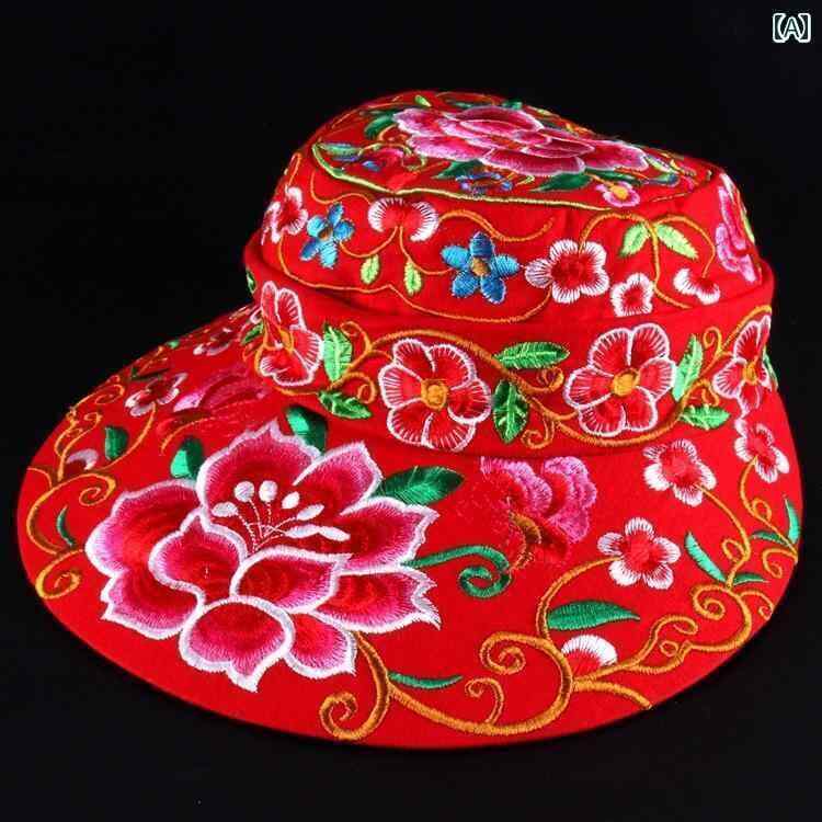 エスニック 帽子 レディース 大人 おしゃれ つば広 刺繍 花 鳳凰 アジアン サンハット 2way サンバイザー コットン リネン サイズ 調整可能 カジュアル 日よけ 日焼け防止 スポーツ アウトドア レジャー レッド ブラック ブルー