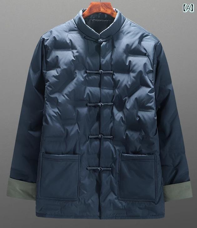 セットアップ メンズ 大きめサイズ 冬 チャイナ風 唐装 カンフー 服 ジャケット 青 黒 アーミーグリーン 無地 ボタン ポケット 立ち襟 ダウン 中綿 厚手 防寒 暖かい 裏起毛 パンツ 紳士 シニア 普段着 シンプル｜おうち健康生活