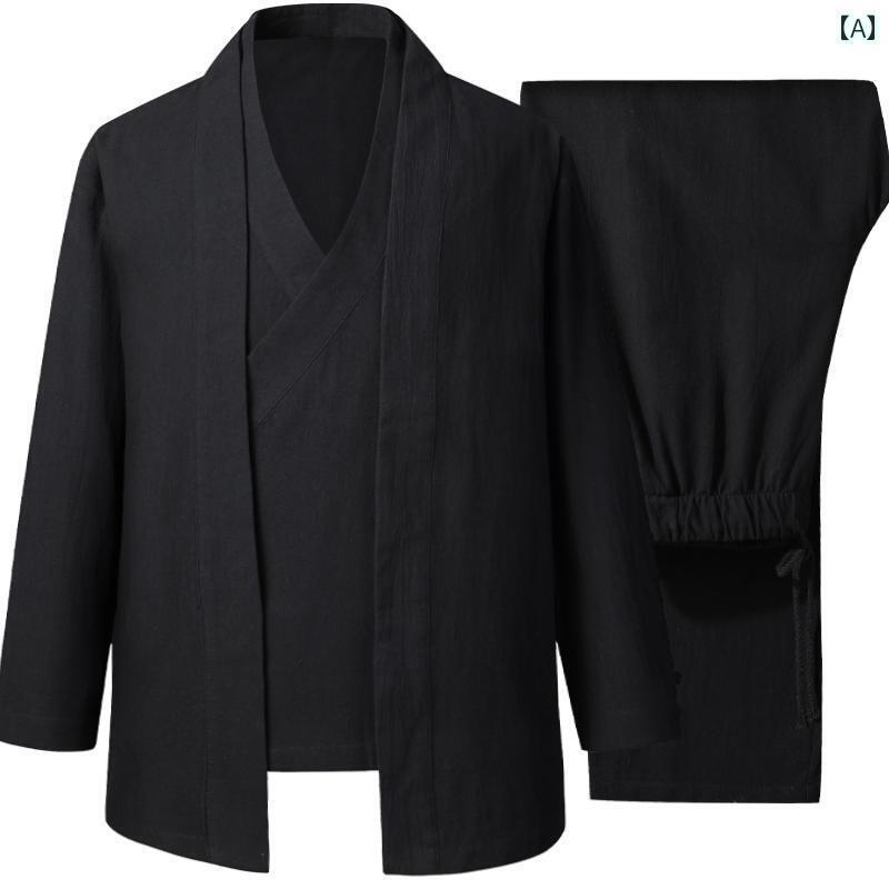 セットアップ メンズ 大きめサイズ 春秋 チャイナ風 唐装 カンフー 服 綿麻 黒 紺 ベージュ 無地 立ち襟 ボタン ポケット 厚手 暖かい パンツ 紳士 シニア イベント パーティー シンプル