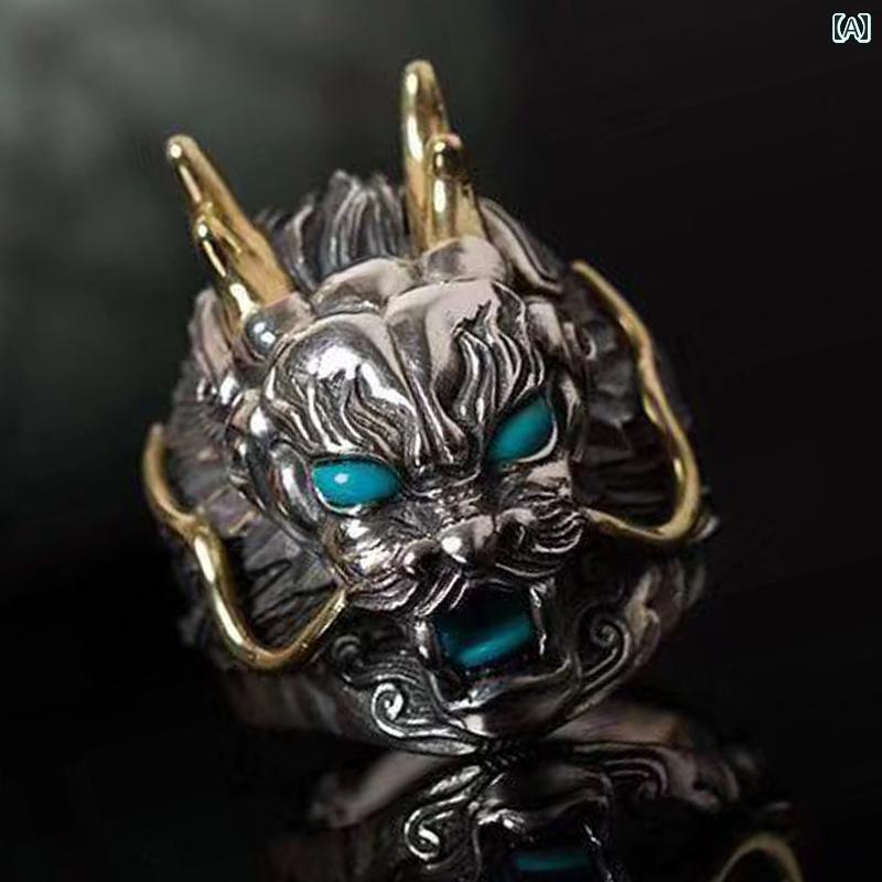 ドラゴン アクセサリー おしゃれ 龍 ヘッド リング 指輪 ワイド シルバー925 990 ターコイズ ストーン メンズ 小物 装飾品 干支 辰年 カジュアル 個性|おうち健康生活