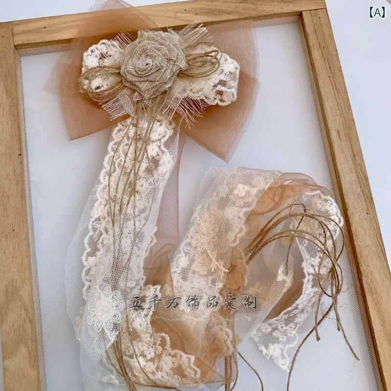 リボン ブローチ レトロ チャイナ 風 コサージュ ヘアアクセサリー 2way ドライローズ 薔薇 花 コットン レース おしゃれ ロング