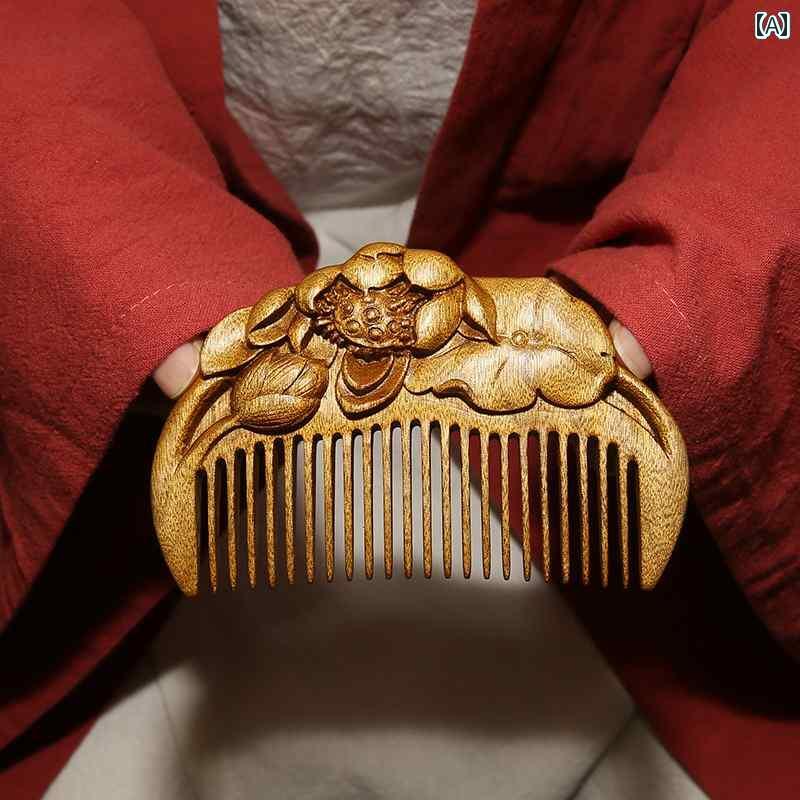 櫛 木 くし コーム ヘアケア 母の日 プレゼント レディース チャイナ風 蓮 彫刻 頭皮 マッサージ 持ち運び ブラッシング さらさら ツヤ｜おうち健康生活