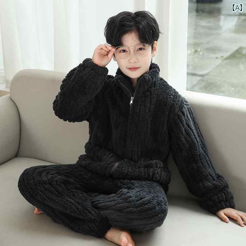 パジャマ キッズ 男の子 冬 ジップスタンドカラー シンプル 編み目 起毛 厚手 子供服 セット 秋 ズボン ホームウェア もこもこ 部屋着 寝間着 家 旅行 緑 青 茶
