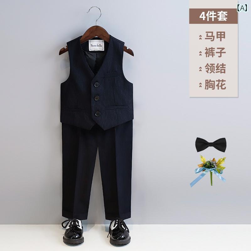 男の子 子供スーツ フォーマル キッズ 礼服 卒業 入学式 七五三 秋 3点 ストライプ ジャケット 長ズボン ベスト リボンタイ シャツ コサージュ おしゃれ ブリティッシュ|おうち健康生活