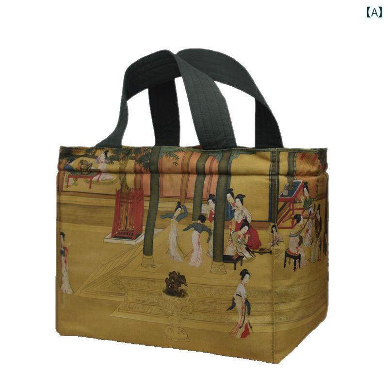 茶道具 収納ボックス ハンドバッグ 手提げ 御物袋 綿 布 厚手 仕切り 大きめ ティーカップ ポット 湯呑 急須 コップ 茶碗 食器 容器 持ち運び ポータブル 雑貨 小物 アクセサリー おしゃれ 中国 台湾 功夫 旅行 レトロ 絵画 風景 鶴 山