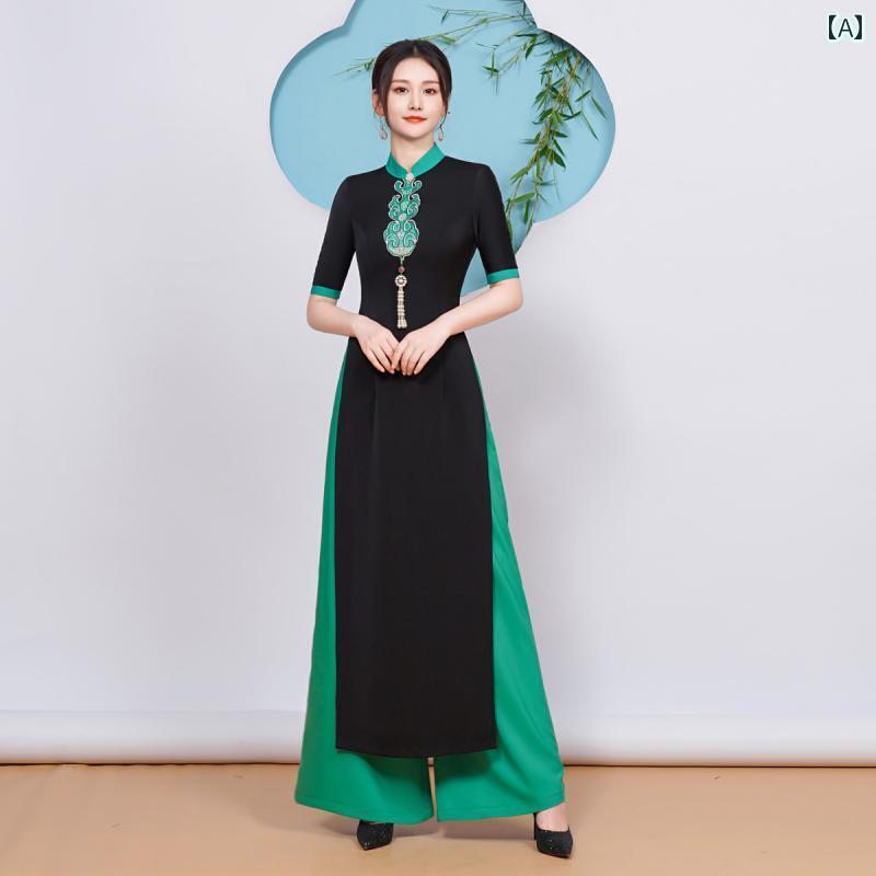 アオザイ 衣装 ロング丈 トップス セットアップ チャイナドレス 夏 レディース スタンドカラー スリット 半袖 黒 緑 刺・墸|おうち健康生活