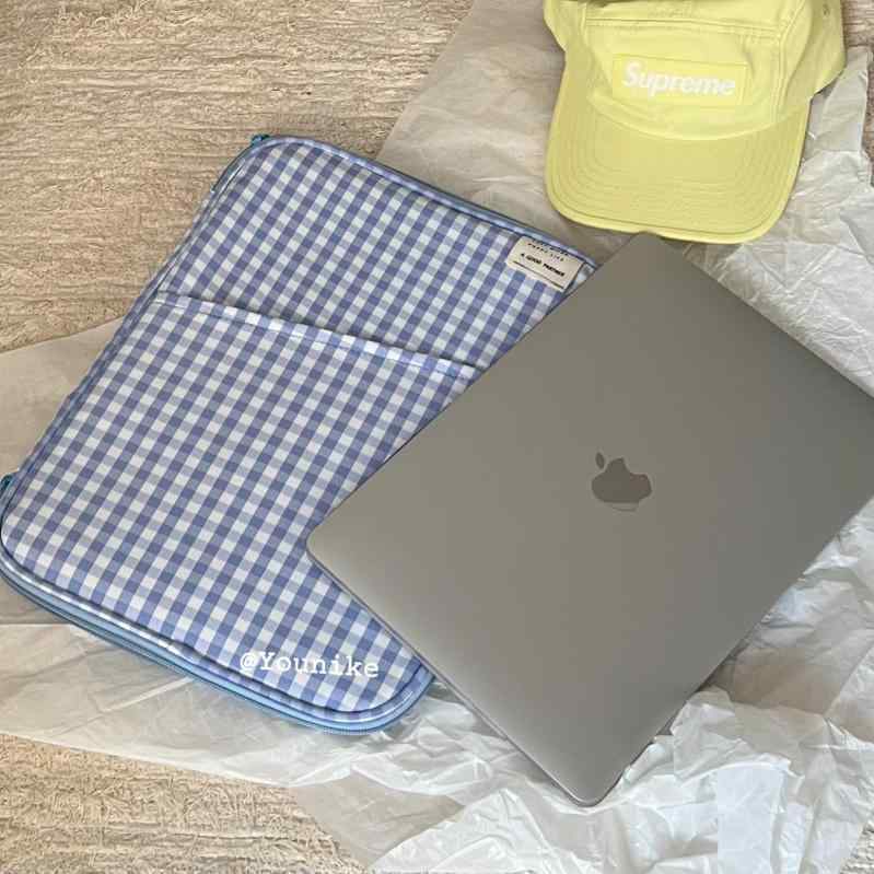 ノートパソコン 持ち運び バッグ 韓国 チェック ラップトップ ipad タブレット 保護ケース チャック 収納 ポケット シンプル 青