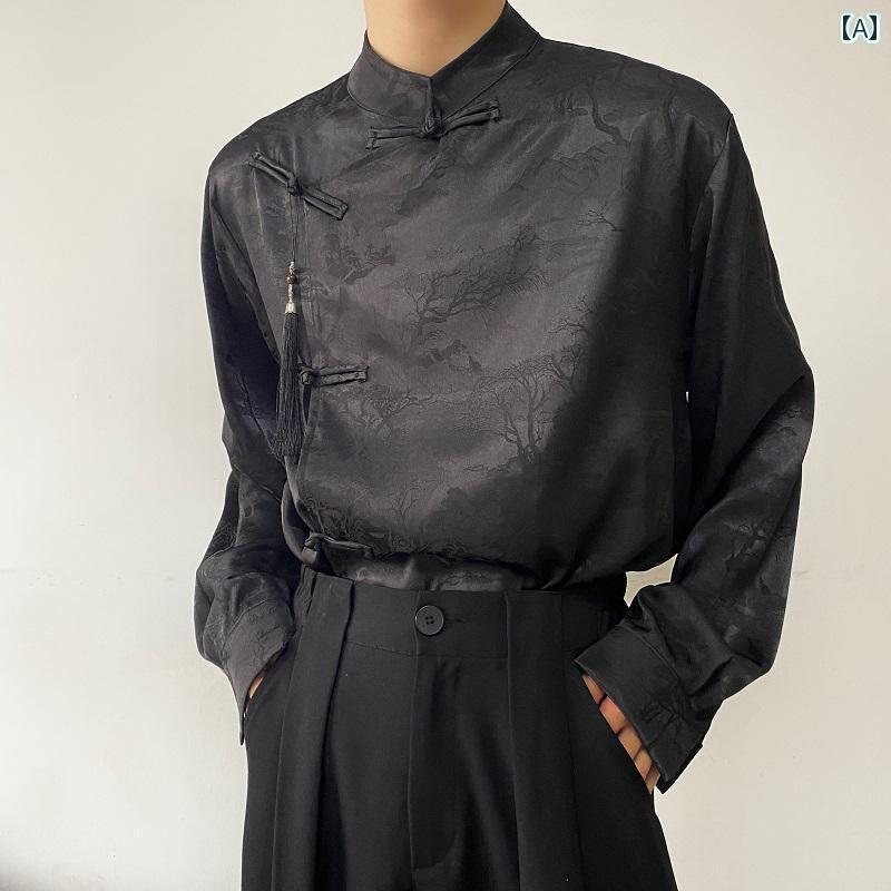 メンズ チャイナ シャツ 春 ジャカード スタンドカラー カジュアル フリンジ 長袖 レディース ゆったり おしゃれ 黒 葉 シンプル