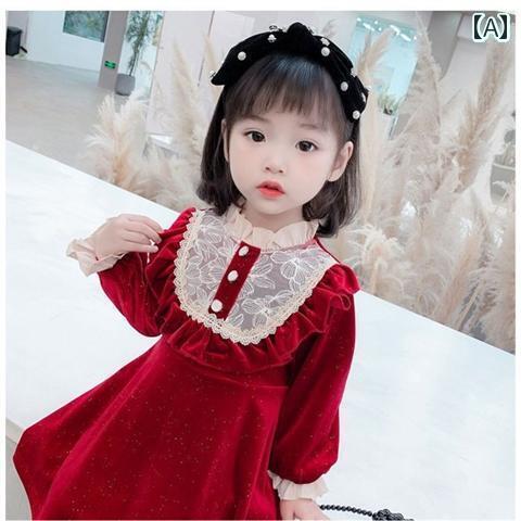 ワンピース キッズ かわいい 女の子 ドレス 秋冬 韓国 起毛 プリンセス レース 暖かい 厚手 フェアリー 長袖 Aラインスカート ふんわり 赤