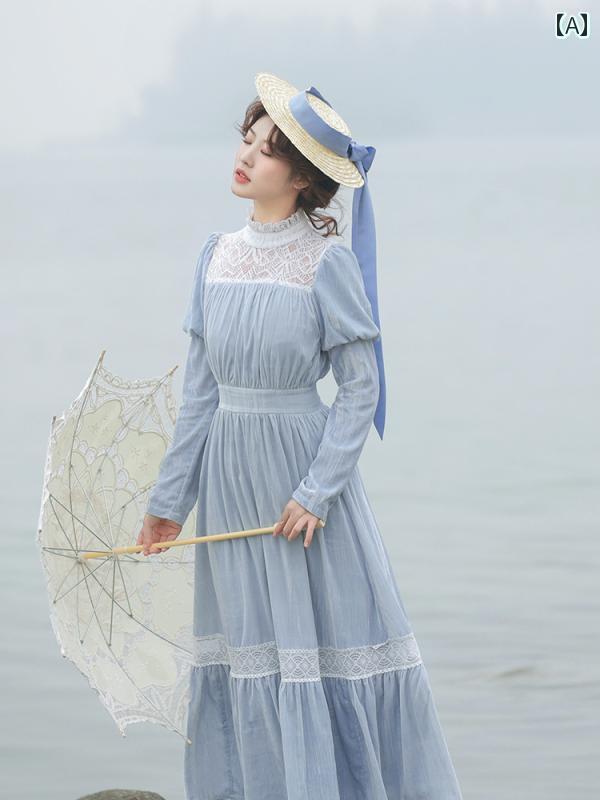 ワンピース レディース ヴィンテージ風 レトロ レース 長袖 ドレス Vネック おしゃれ 青 ロング丈 カジュアル シンプル 普段使い 春夏