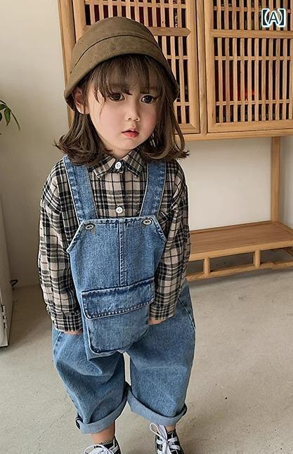 オーバーオール キッズ サロペット 子供 デニム 春夏 秋 女の子 羽 ポケット ボタン 柔らかい 通気性 長ズボン カジュアル かわいい 青