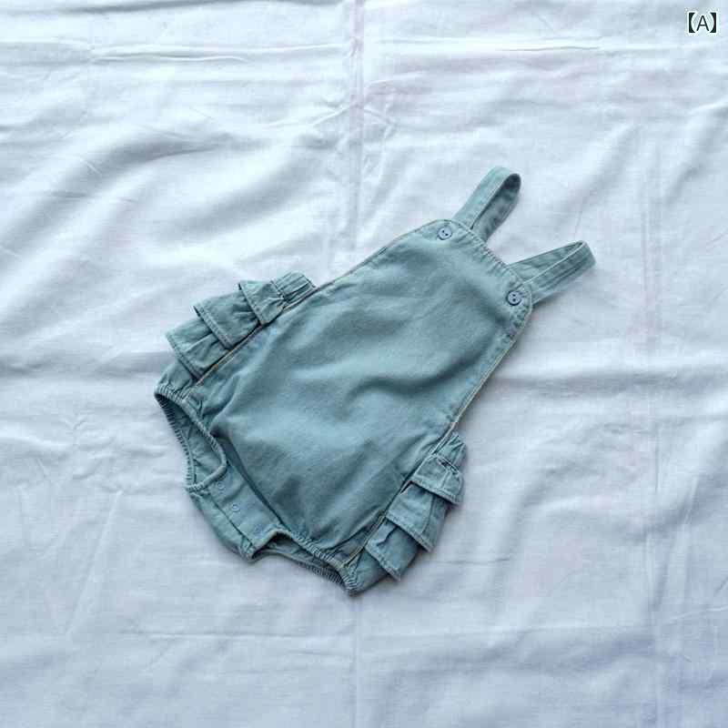 オーバーオール サロペット 子供 ベビー デニム 女の子 春夏 綿 コットン 薄手 柔らかい フリル ウエストゴム パンツ スナップボタン かわいい 青