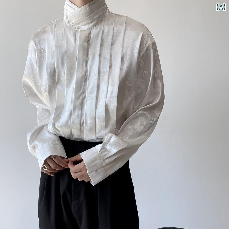 チャイナ風 トップス メンズ レディース 春夏 秋冬 シャツ スタンドカラー ボタン 長袖 ジャガード ゆったり 普段着 レトロ おしゃれ カジュアル 花 黒 白