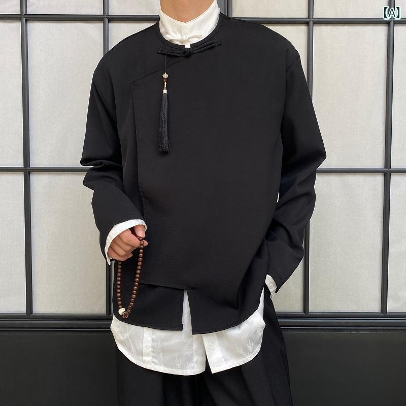 チャイナ風 トップス メンズ レディース 春夏 秋冬 シャツ ラウンドカラー パンコウ ボタン 長袖 タッセル付 ゆったり 普段着 レトロ おしゃれ カジュアル 無地 黒