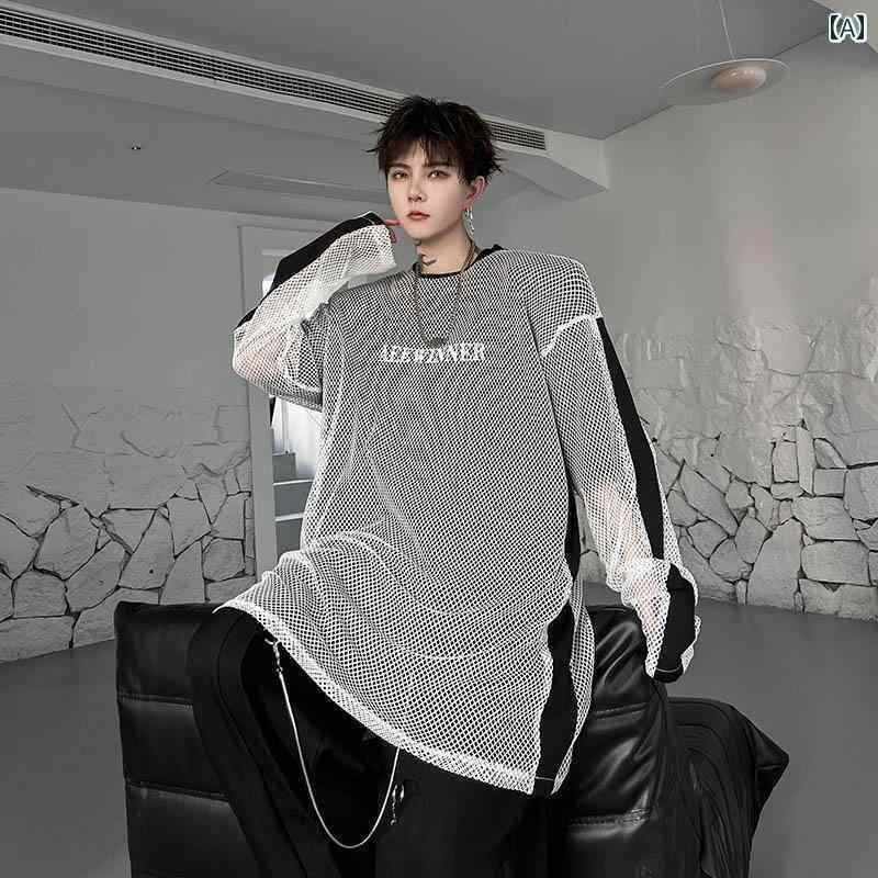 韓国 ロンｔ メンズ レディース 夏 メッシュ 通気性 涼しい 長袖 半袖 スタイリッシュ ゆったり ヒップカバー 白 黒 シンプル おしゃれ