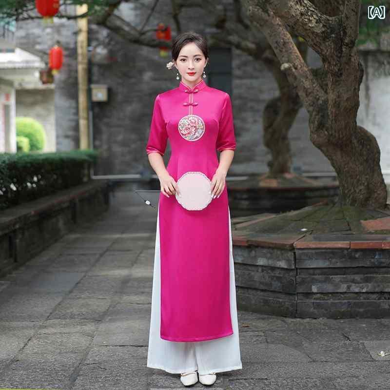 アオザイ パンツ クラシック ダンス ベトナム チャイナドレス 中国風 ワイドレッグ 秋冬 レトロ パフォーマンス レディース 大きめサイズ ロング 七分袖 ハイスリット ピンク 白|おうち健康生活