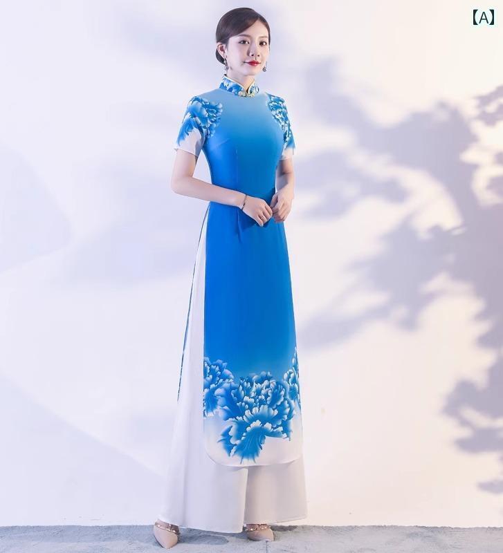 アオザイ パンツ ロング レトロ ベトナム チャイナドレス ワイドレッグ 中国風 ステージ パフォーマンス 衣装 大きめサイズ エスニック ハイスリット 刺繍 花 セット ワンピース 青 ピンク 白|おうち健康生活