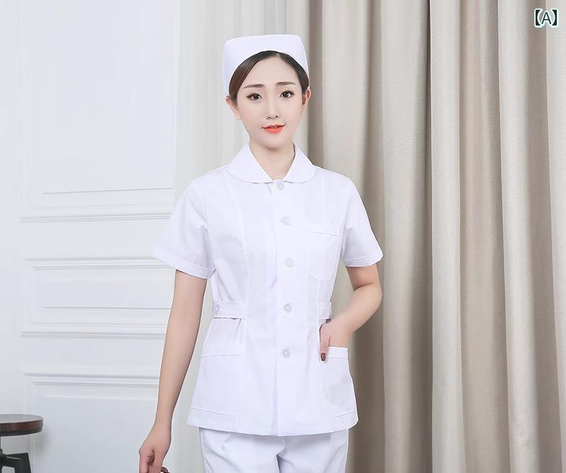 ナース服 大きめサイズ レディース トップス パンツ キャップ セット 白衣 長袖 半袖 スタンドカラー 丸襟 ボタン ポケット スリム 通気 しわにりにくい シンプル 無地 白