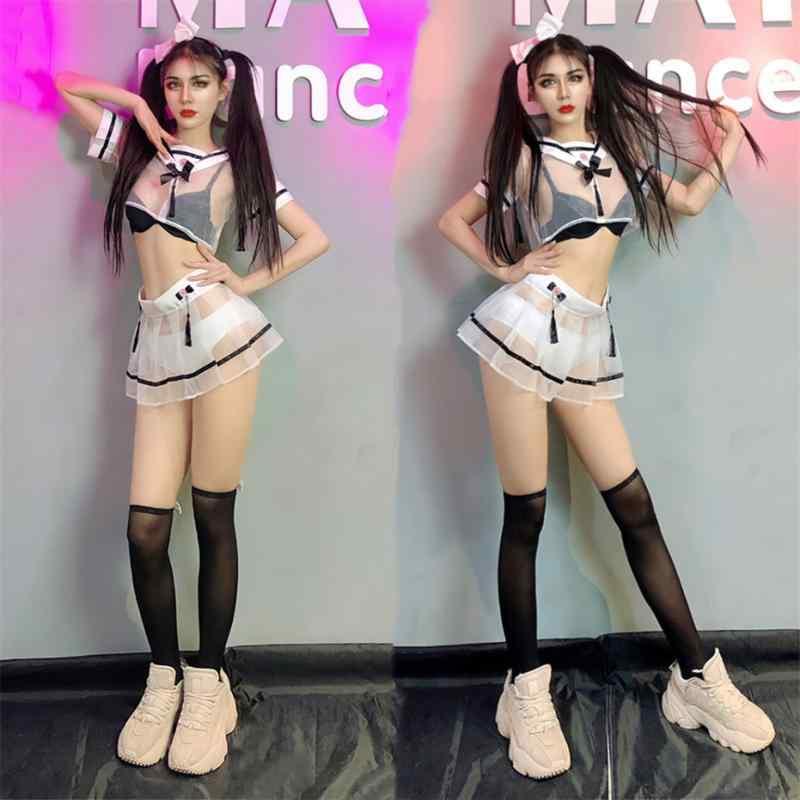 レディース ダンス衣装 セクシー セットアップ 大人 キャバ 制服 白 シースルー 透け感 ダンサー パフォーマンス フリーサイズ トップス スカート ヘアバンド ストッキング ブラジャー ショーツ