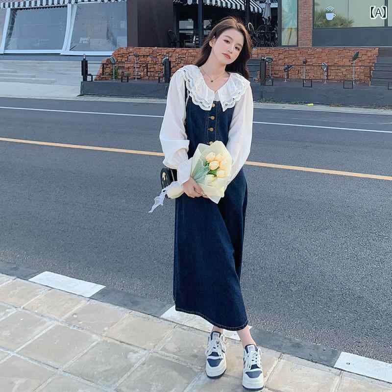 デニムワンピース 春 かわいい ビッグカラー シャツ 長袖 キャンディースリーブ レトロ シック 韓国 デニム Aライン スカート ロング 2点セット おしゃれ