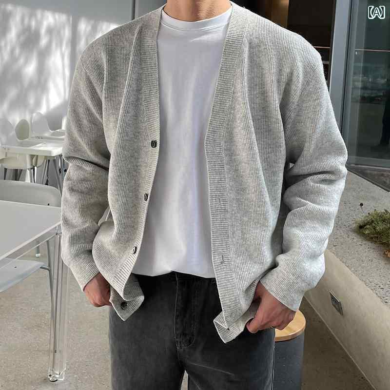 カーディガン メンズ 薄手 春秋 Vネック 韓国 カジュアル ゆったり 着やい ボタン レギュラースリーブ 長袖 シンプル おしゃれ 無地 グレー