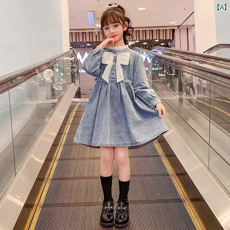 デニム ワンピース 長袖 女の子 子ども キッズ 春秋 リボン フレアスカート 韓国 膝上丈 シングルブレスト ボタン ゆったり フリル スタンドカラー かわいい カジュアル 大きめサイズ 青