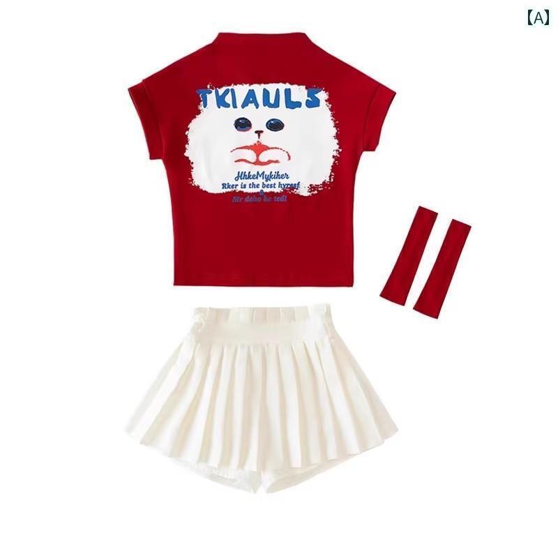 ダンス衣装 セットアップ 子供 キッズ 女の子 半袖 プリーツスカート ヒップホップ パフォーマンス ストリート チアダンス おしゃれ 赤 白