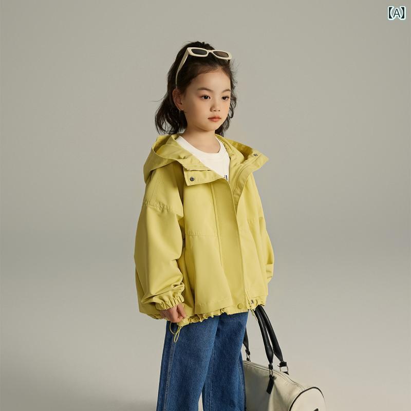 上衣 キッズ お嬢さん 春 心地よい ボンネット 防風 上衣 ジップアップ 名取り草 袖絞り 裾紐 分かりやすい 無地 ゆったり 表どおり 隠し 黄 さくら色