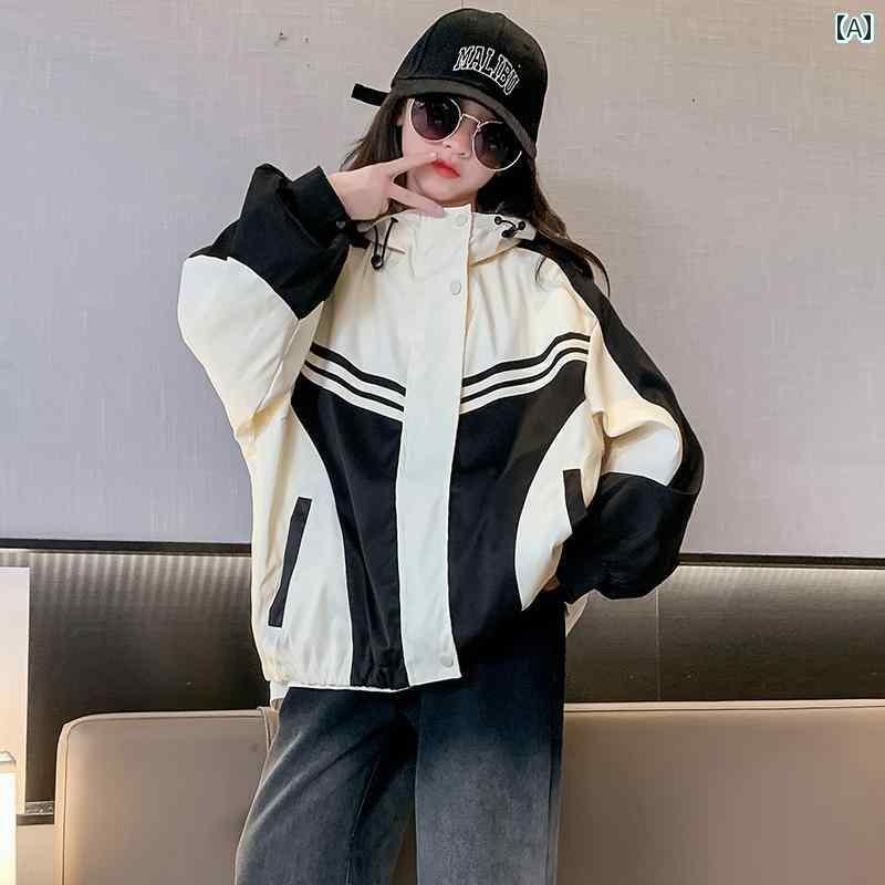 ウインドブレーカー キッズ 女の子 春 トップス 大きめサイズ ジャケット 秋 ジップアップ 袖ボタン バルーン カラーブロック ゆったり ポケット 立ち襟 黒 ピンク 紫