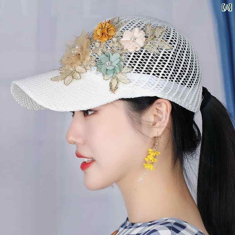 キャップ レディース おしゃれ 春夏 立体 花 ワンポイント 通気性 メッシュ 日よけ つば広 ドーム 調整可能 白 黒 ベージュ