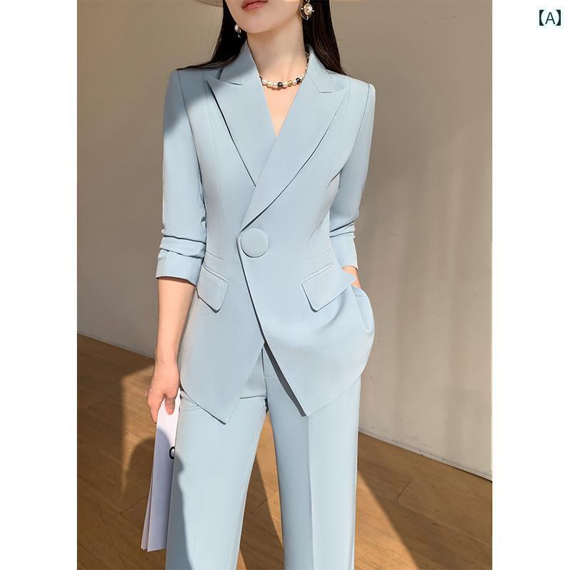 レディース おしゃれ パンツスーツ 韓国 上下セット 秋冬 ビジネス オフィス スリム 長袖 ボタン 大きめサイズ 無地 カジュアル 青 ジャケット