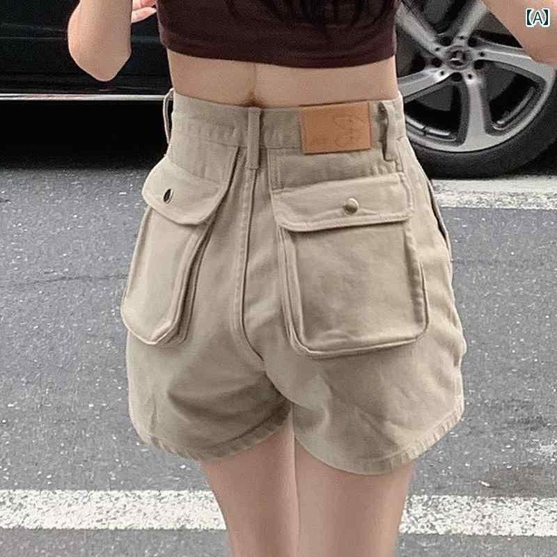 ショートパンツ デニム レディース 春夏 ボタン ポケット ワイド Aライン ハイウエスト 細見え カジュアル シンプル おしゃれ カーキ