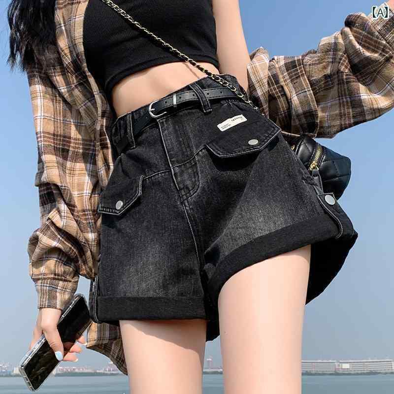 ショートパンツ デニム レディース 春夏 ポケット ロールアップ ウォッシュ加工 薄手 ハイウエスト Aライン ワイド 脚長 カジュアル おしゃれ 黒 青 大きめサイズ