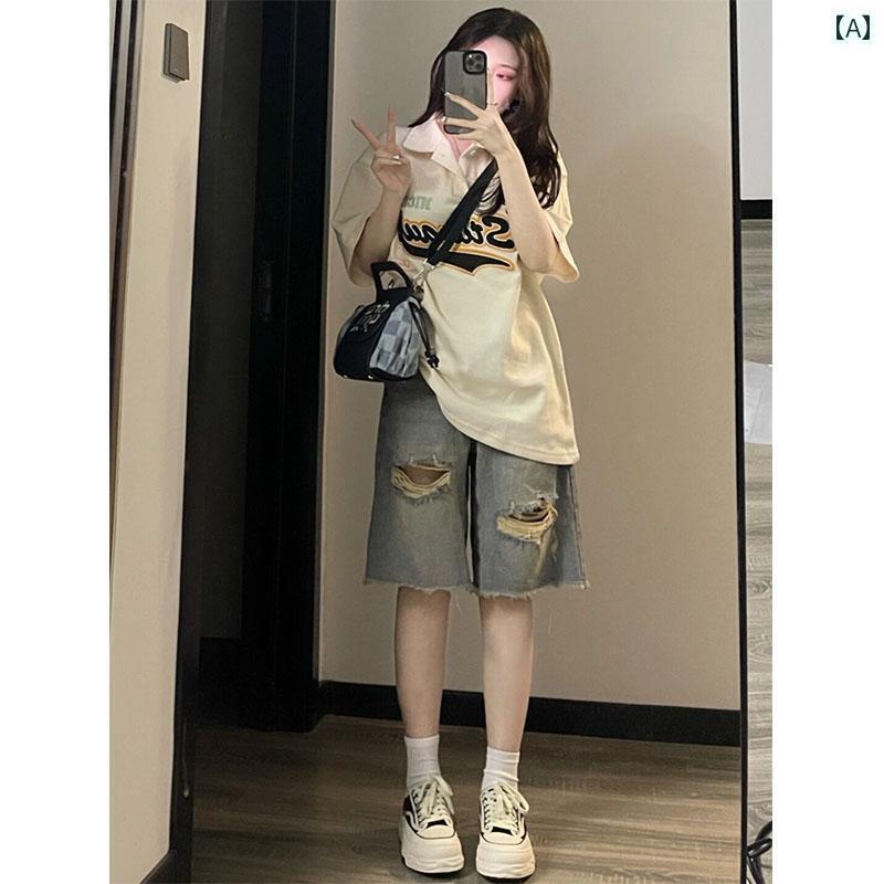 バミューダ パンツ レディース デニム 春夏 ボタン ポケット フリンジ ダメージ加工 ハイウエスト アメリカン ストリート カジュアル おしゃれ 青 大きめサイズ