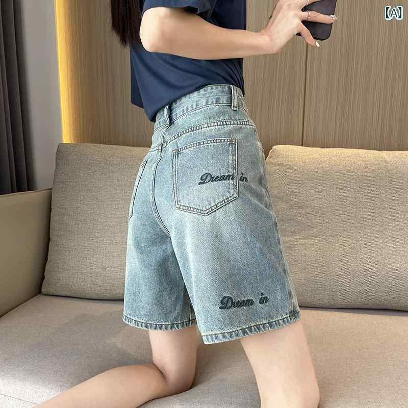 ショートパンツ デニム レディース 春夏 ボタン ポケット 刺繍 薄手 ハイウエスト ワイド 体型カバーわにりにくい 綿 アメリカン おしゃれ 青 大きめサイズ